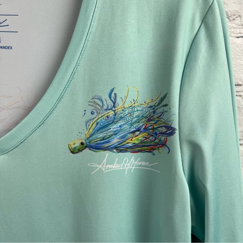 Art & Sol Amber Moran Womens Shirt Seafoam Fishing Lures Stretch V Neck Medium - Picture 5 of 10